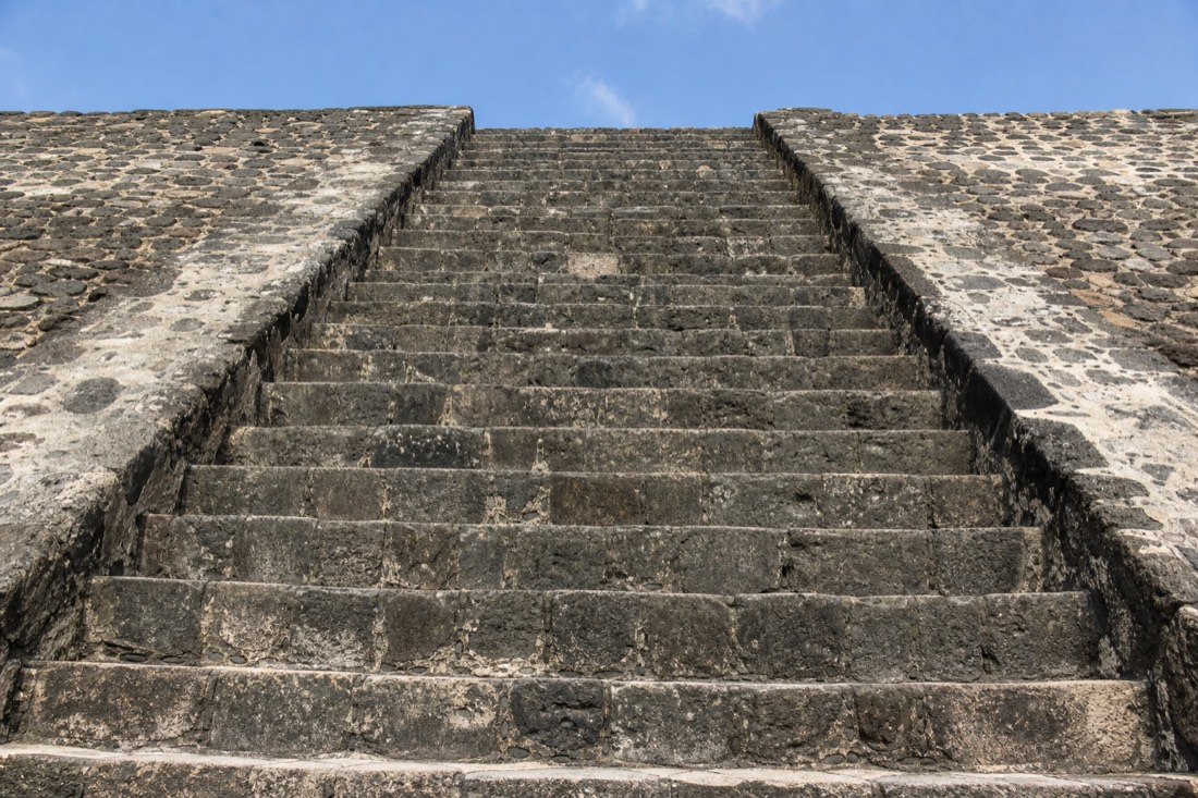 The steep staircase of a Teotihuacan pyramid, no longer open to climbers