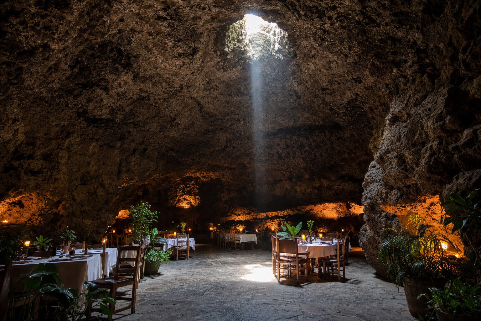 Candlelit tables under the high rock ceiling of a natural lava cave restaurant near Teotihuacan