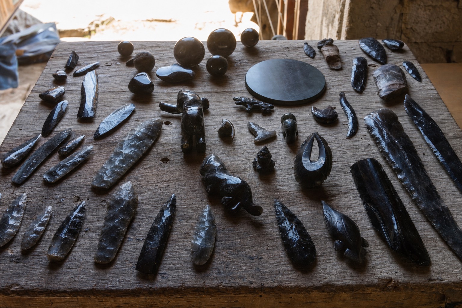 Polished obsidian blades and carved figures displayed on a workshop table near the Teotihuacan pyramids