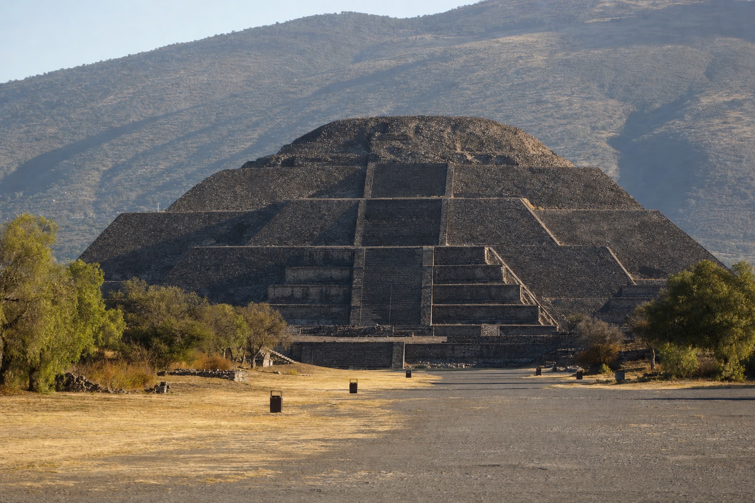The Pyramid of the Sun at Teotihuacan seen from the Avenue of the Dead in early morning light
